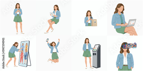 Flat Design Young Woman Daily Activity Set Illustration with Technology Device
