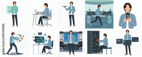 Diverse Flat Illustration of IT Man in Different Professions and Poses