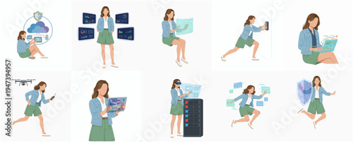 Flat Style Female with Technology Devices Activities in Various Poses Illustration