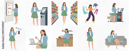 Flat Style Illustration of Woman Shopping in Various Retail Environment
