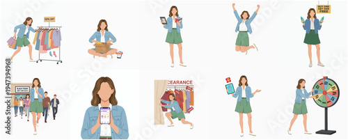Stylized Flat Woman Character with Shopping and Retail Activity Illustration
