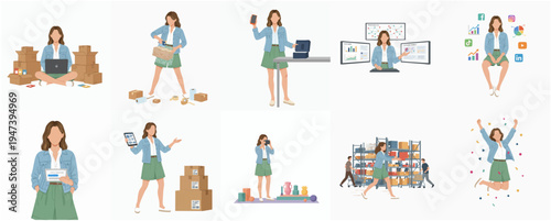 Cartoon Style Businesswoman Character with Packages and Online Business Illustration