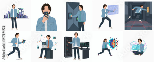Modern Flat Character Set of Man Doing Various Tech Related Activities