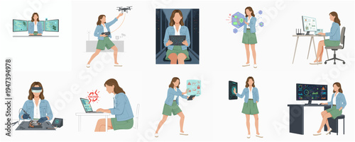 Flat Style Businesswoman in Various Tech Roles and Settings Illustration
