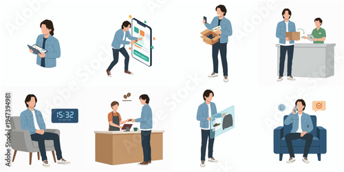 Flat Illustration Man Interacting with Technology and Business Processes in Various Scenes