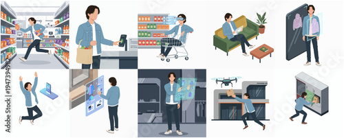 Flat Illustration Man Shopping and Interacting with Technology Icons Set