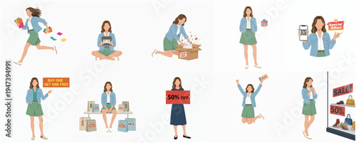 Minimalist Woman Character with Different Poses and Expressions for Shopping Activities