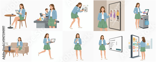 Flat Design Full Body Young Woman Interacting with Technology Illustration Set