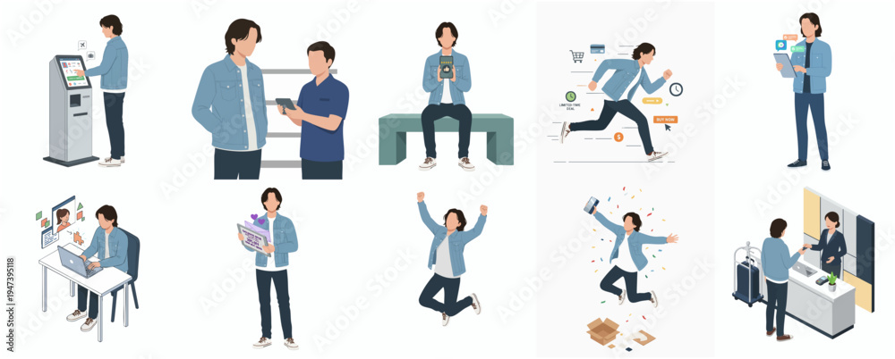 Fototapeta premium Flat Illustration Set of Young Man in Different Situations and Activities