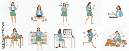 Flat Illustration Set of Young Woman Working From Home in Various Activities