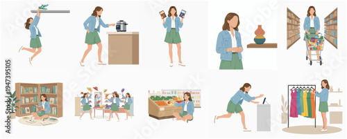 Minimalist Flat Illustration of a Young Woman in Various Daily Life Activities Set