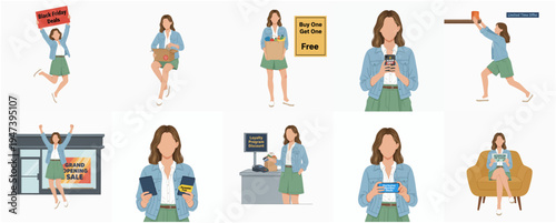 Flat Style Faceless Shopper in Various Scenes and Actions Illustration Set