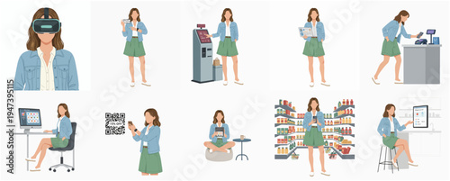 Flat Design Woman Interacting with Technology and Retail Lifestyle Illustration Set