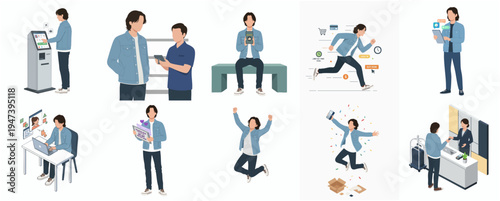 Flat Illustration Set of Young Man in Different Situations and Activities