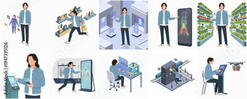 Isometric Illustration of Person Experiencing Immersive Technology, Future Retail, and Automation