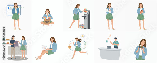 Flat Illustration Woman Interacting with Various Technologies and Everyday Life Activities