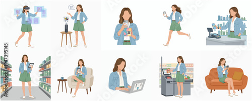 Flat Businesswoman Various Activity Illustration Set in Virtual Reality and Daily Routine