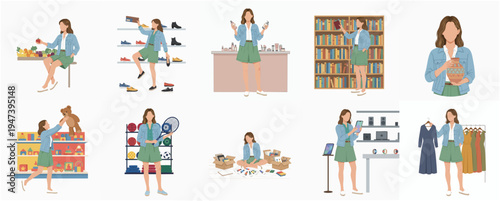 Flat Illustration Set of Woman Doing Shopping in Different Stores