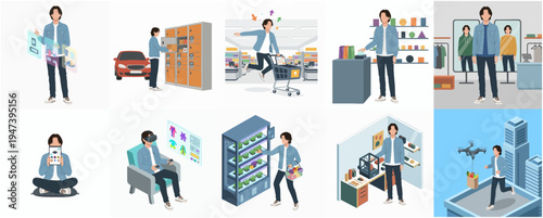 Isometric Man Using Technology for Shopping and Delivery Illustration Set