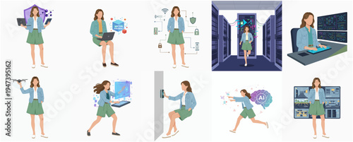 Flat Illustration Set of Woman Using Various Technology Devices and Network Systems