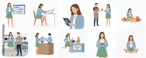 Faceless Trendy Woman Doing Activities in Various Business and Lifestyle Situation Illustration