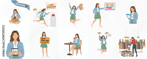 Modern Flat Style Woman Shopping Various Actions and Situations Illustration Set