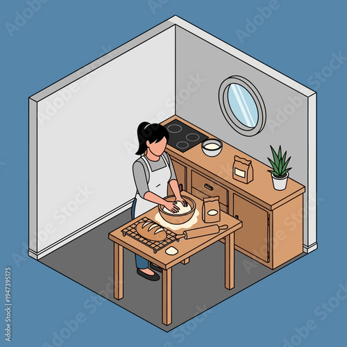 Woman baking in a small kitchen.