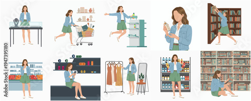 Stylish Faceless Woman in Various Shopping and Retail Scenarios Illustration Set