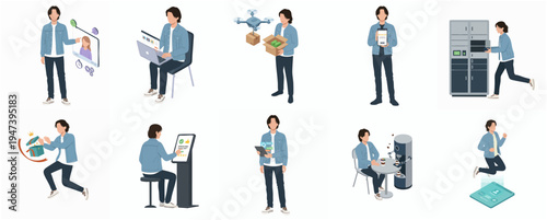 Isometric Detailed Man Interacting With Technology in Different Situations Illustration