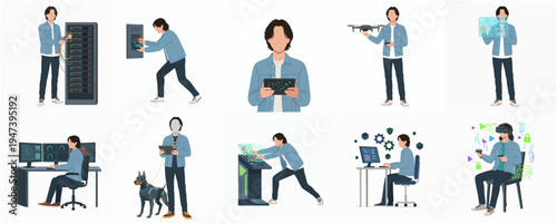 Flat Illustration Set of Man Using Futuristic Technology and Equipment Concept