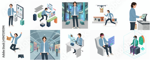 Modern Flat Design Illustration of Man Using Advanced Technology Concept Set