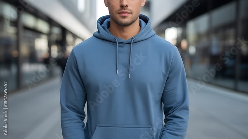 Man blue hoodie urban street background