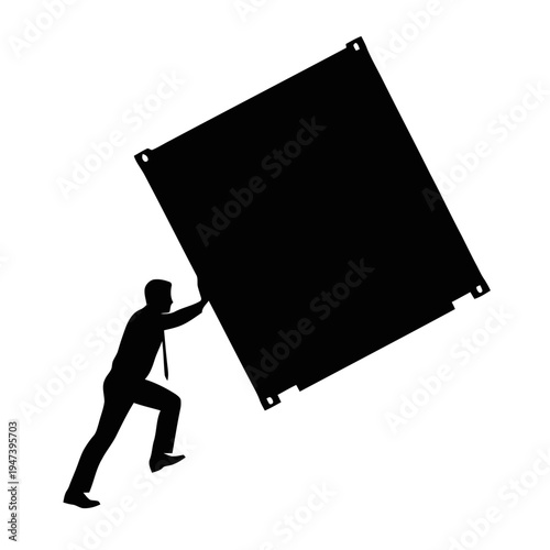 Silhouette of a businessman struggling to push a large, heavy shipping container uphill against gravity.