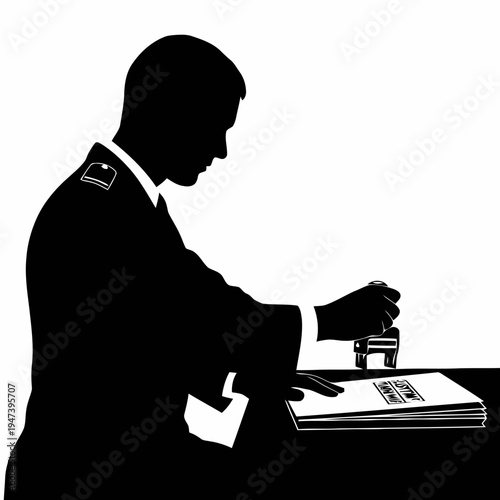 Officer silhouette is applying an official stamp to a stack of documents on a desk surface with a white background.