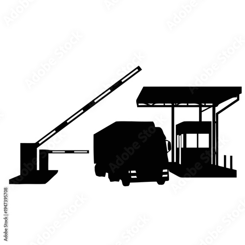 A large truck approaches an open barrier gate next to a small toll booth structure indicating controlled access or border crossing checkpoint.