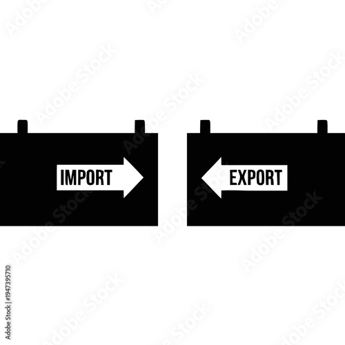 Black silhouette graphic depicts two opposing gates labeled import and export indicating trade flow.