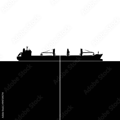 Silhouette of a large cargo ship is divided between a white sky area and a deep black ocean area, suggesting global shipping.