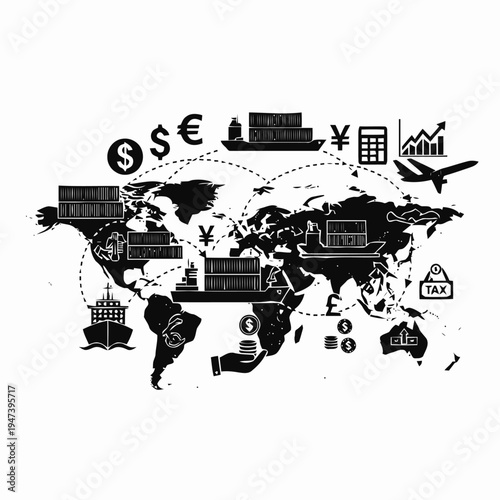 A world map displays interconnected global trade routes featuring currency symbols, cargo ships, airplanes, and financial charts.