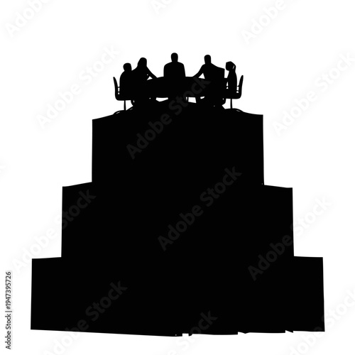 Silhouettes of executives seated around a circular table rest atop a tiered, pyramid-like structure representing corporate hierarchy.