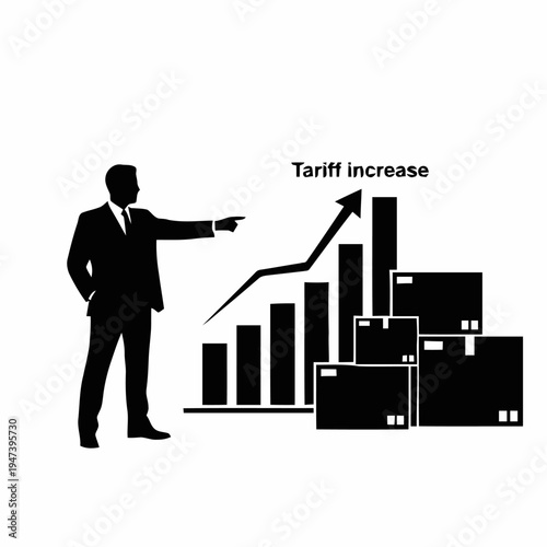 Businessman points to rising bar chart indicating tariff increase above stacked shipping boxes.