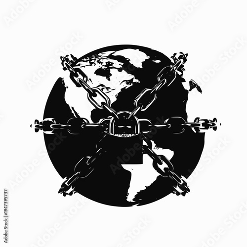 Stylized illustration of the planet Earth tightly secured by thick metal chains and a central padlock.