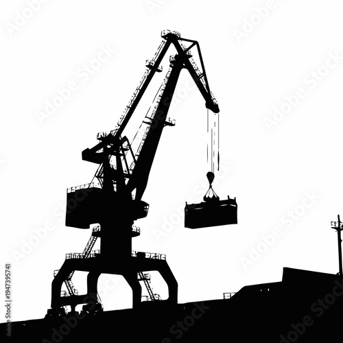 Silhouette of a massive port crane lifting a shipping container onto a vessel at a harbor during daytime.