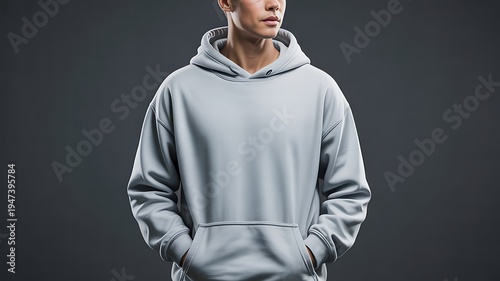 Man wearing blank light grey hoodie studio shot