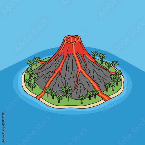 Cartoon illustration of a volcanic island with flowing lava and palm trees.
