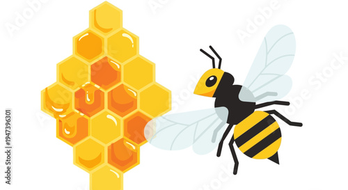 Vector illustration of a bee and honeycomb dripping with honey, symbolizing nature and sweetness