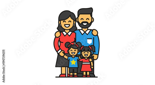 Happy cartoon family illustration depicting smiling parents and two young daughters standing together in a cheerful pose