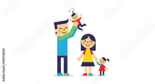 Vibrant illustration of a happy, loving family with two children, symbolizing new ideas, success, and a bright future, fostering growth and togetherness