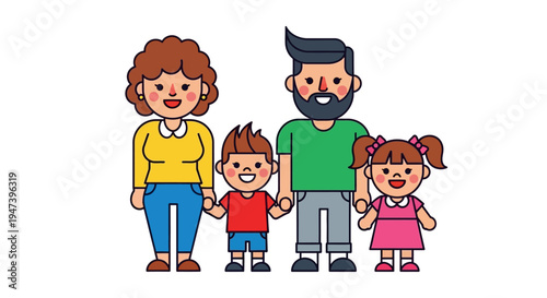 Charming Family Portrait Parents and Two Children Holding Hands in a Sweet Cartoon Style