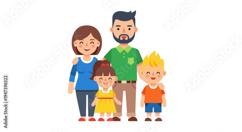 Happy Family Portrait Illustration of Parents and Two Children Standing Together - A Symbol of Love and Unity