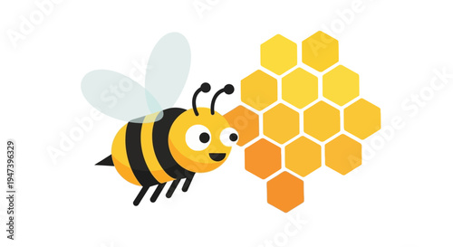 Charming cartoon bee happily producing sweet golden honey in a natural honeycomb hive, symbolizing hard work and nature's bounty
